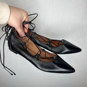 Halogen Black Leather Lace Up Pointed Toe Ballet Flats Ankle Wrap Shoes 8M